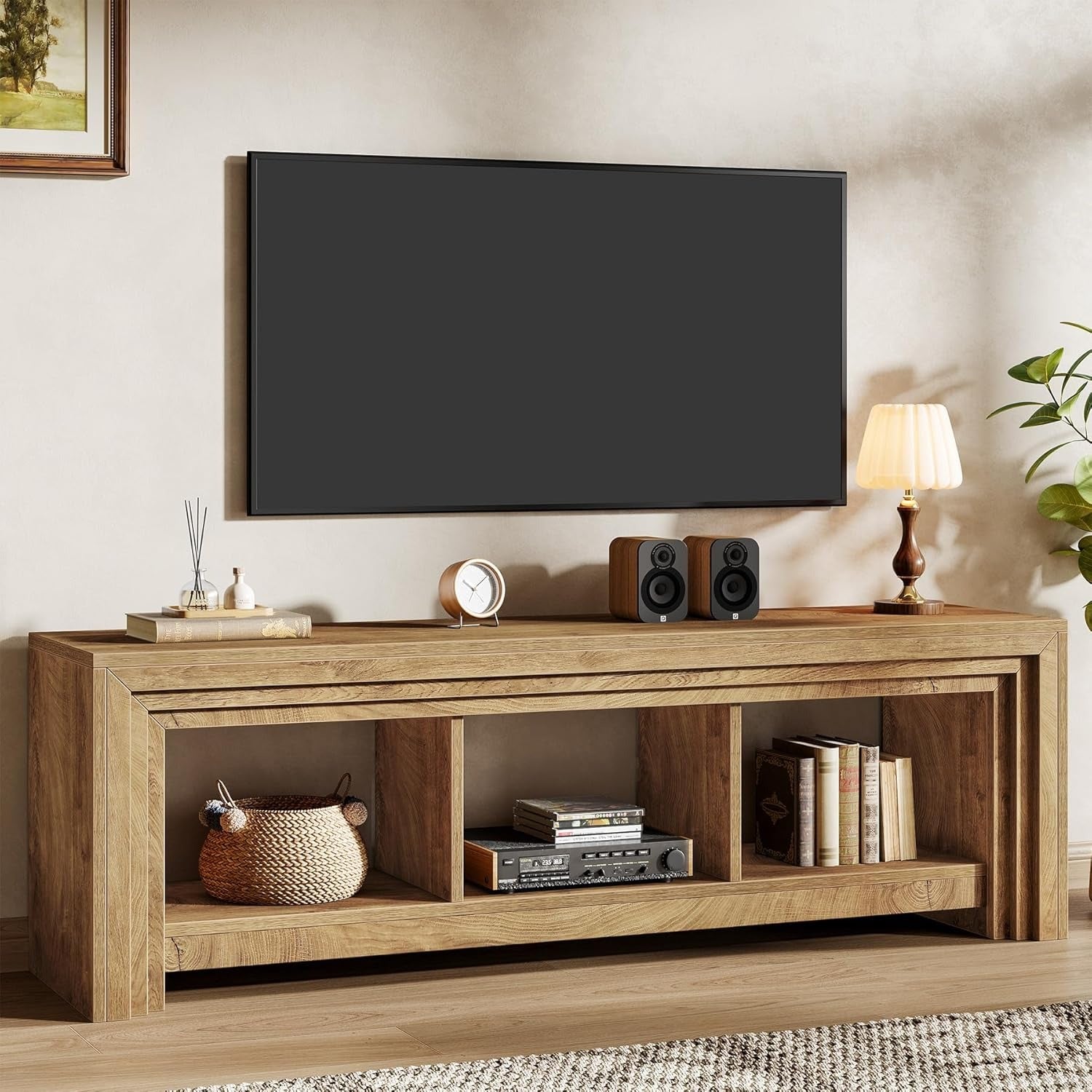 63' TV Stand for TVs Up to 75 Inches, Farmhouse Entertainment Center with Open Storage, Media Console for Living Room, Natural Wood