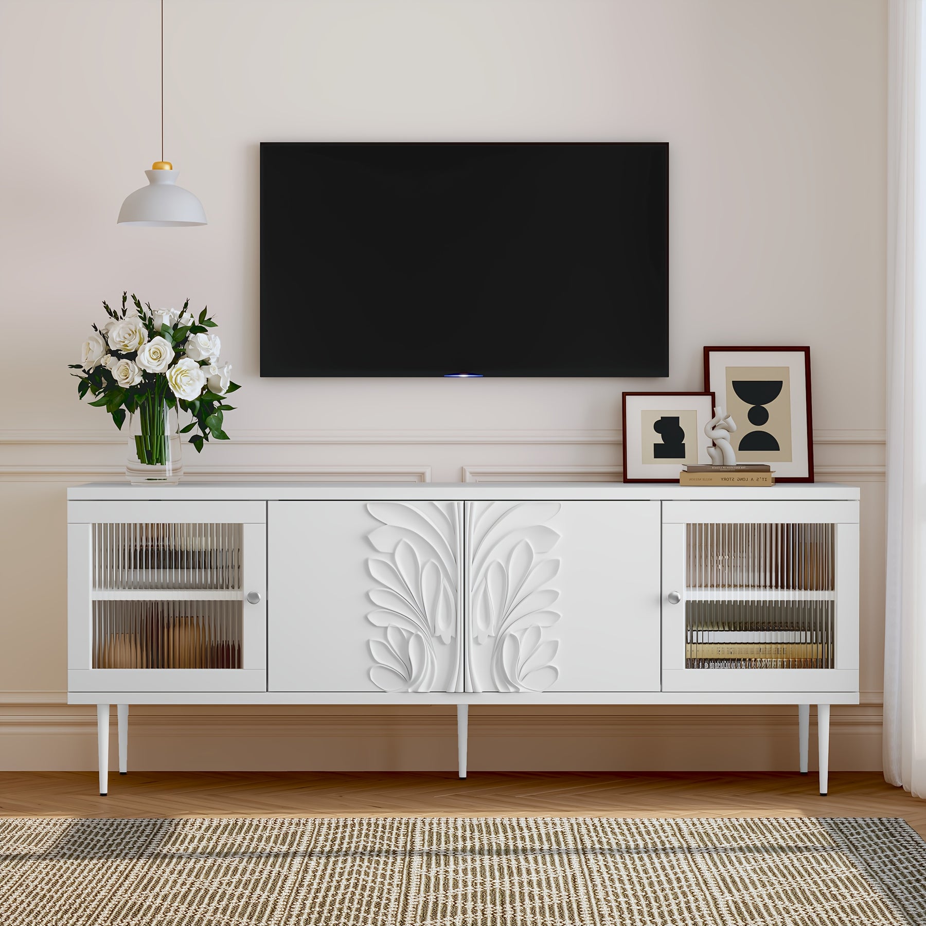 HLR TV Stand For TVs Up To 70", Modern TV Console With 3D Flower Pattern, Wood Entertainment Center With 2 Fluted Glass Doors, Large Media Console Table With Storage For Living Room