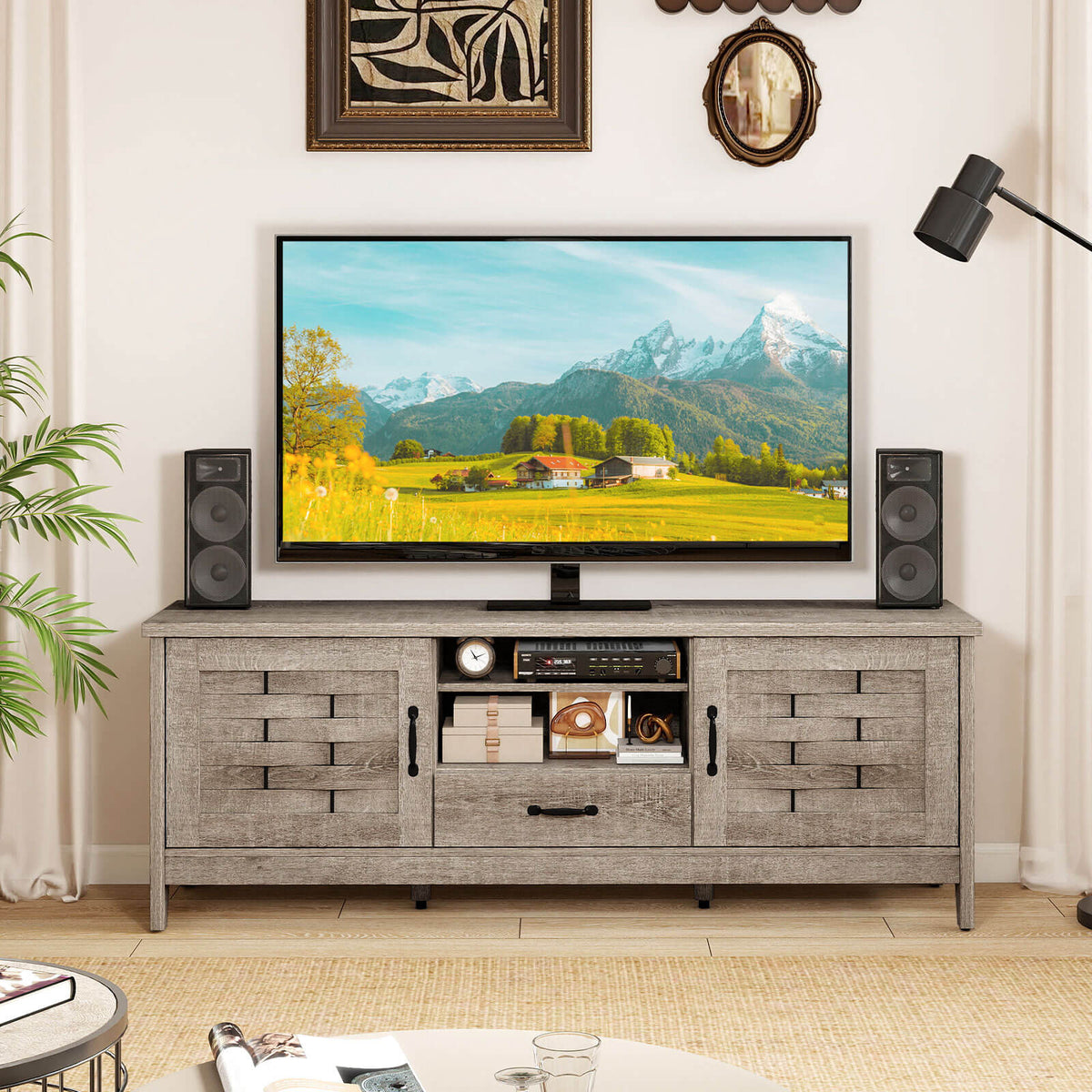 A Rustic Oak TV Stand Designed for 65-Inch Televisions, Featuring a 59-Inch Entertainment Center with Two Woven Accent Doors, a Storage Drawer, And Three Adjustable Shelves, Perfect for Your Living Room