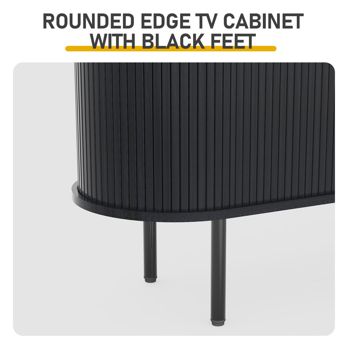 Black Embossed Particle Board TV Stand, Oval Tabletop 147×35×58cm, Entertainment Center with Slatted Sliding Doors, Modern Media Console Cabinet for Living Room