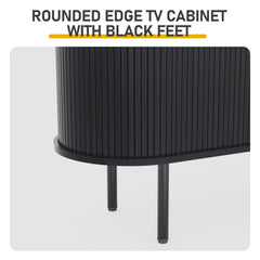Black Embossed Particle Board TV Stand, Oval Tabletop 147×35×58cm, Entertainment Center with Slatted Sliding Doors, Modern Media Console Cabinet for Living Room