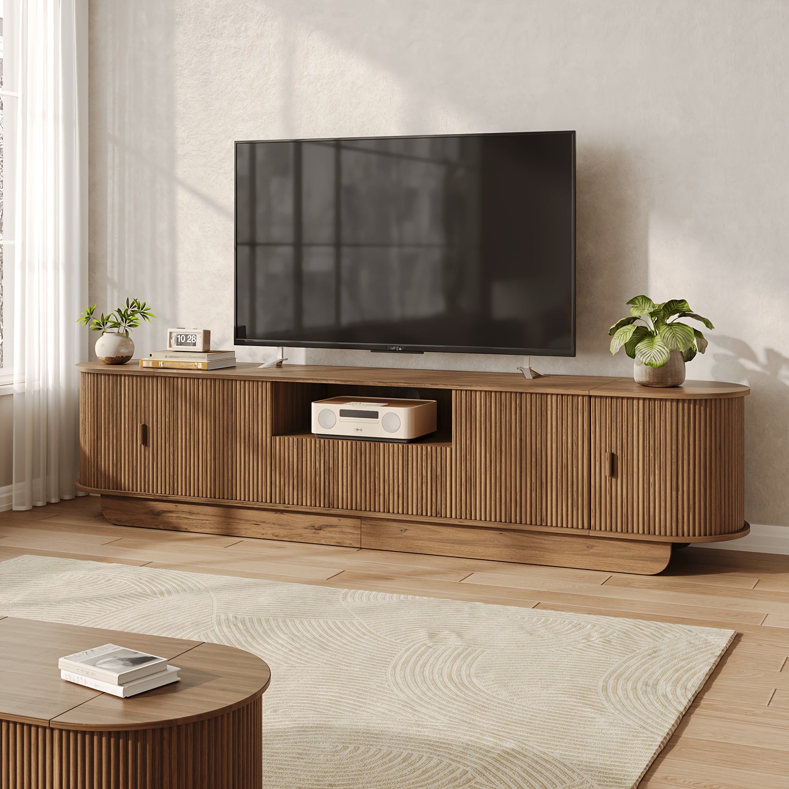 86.6" Curved TV Stand for 65/75/85 Inch Tvs, Media Console with Sliding Doors, Entertainment Center with Storage And Drawers, Mid-Century Modern TV Consoles for Living Room, Bedroom, White, Natural, Gray, Walnut
