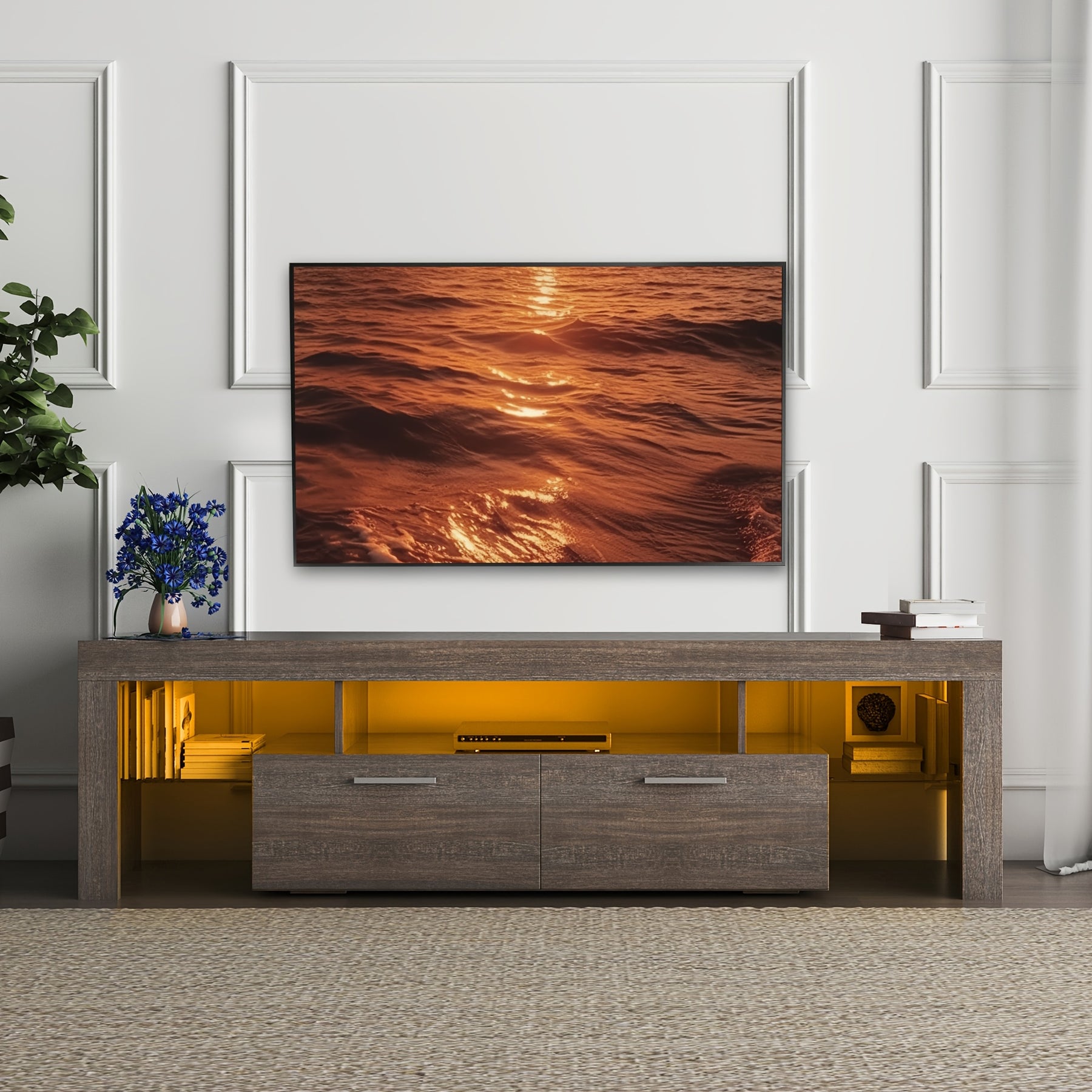 Rustic Brown Wood TV Stand for 75-Inch TV, Farmhouse Entertainment Center with Large Drawers And Open Shelves, Modern Industrial Media TV Console Cabinet for Living Room Bedroom