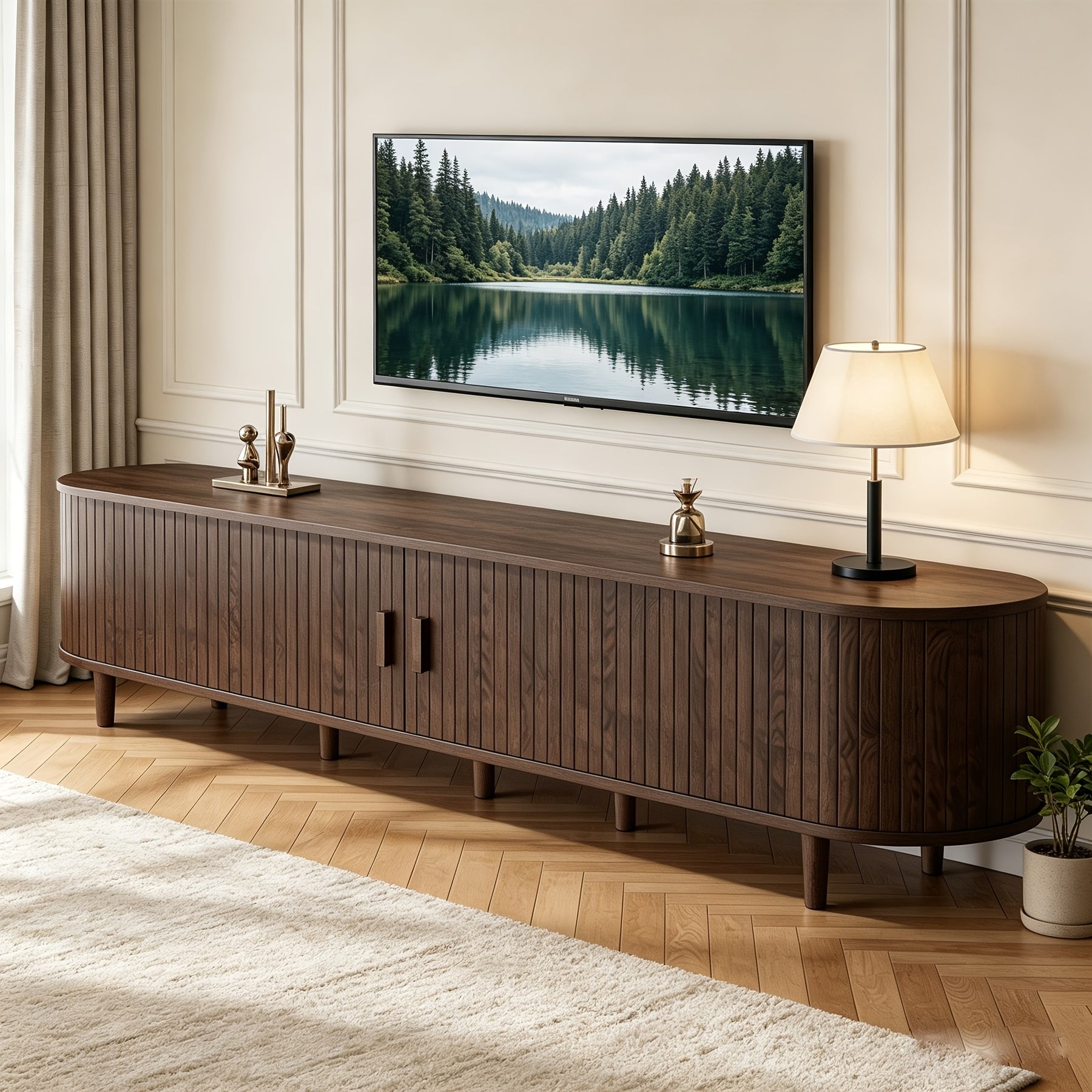 Mid-Century Modern TV Stand, Media Cabinet with Power Outlet And Sliding Door, Entertainment Center with Fluted, TV Console with Adjustable Shelf for Living Room, Bedroom (Walnut)