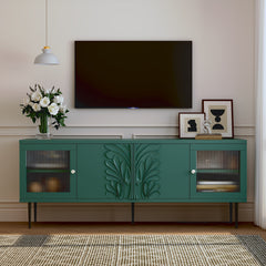 HLR TV Stand For TVs Up To 70", Modern TV Console With 3D Flower Pattern, Wood Entertainment Center With 2 Fluted Glass Doors, Large Media Console Table With Storage For Living Room