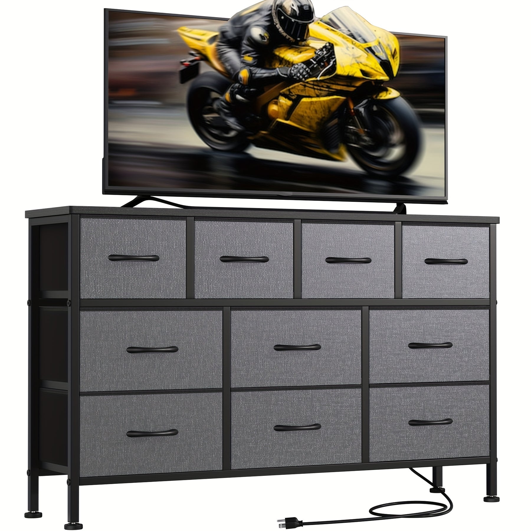 10 Drawer Fabric Dresser with Metal Frame And Wood Top, Fabric Storage Dresser with Power Outlet, TV Stand Dresser for 55'' TV, Fabric Storage Tower, Chest Of Drawers for Bedroom, Closet, Hallway