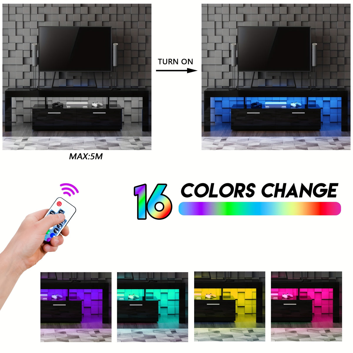 Modern TV Stand for 55/60/65/70/75 Inch TV with LED Lights, Gaming Entertainment Center for PS5, Xbox, TV Cabinet with Adjustable Glass Shelves, Media TV Console with Storage Cabinets for Living Room, Bedroom, 3 Sizes Available, White Or Black