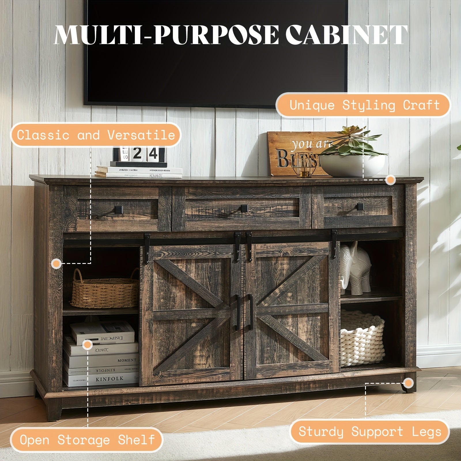Farmhouse TV Stand for Televisions up to 65 Inchs, Entertainment Center with Sliding Barn Doors and Storage Drawers, Living Room Furniture with Cabinets