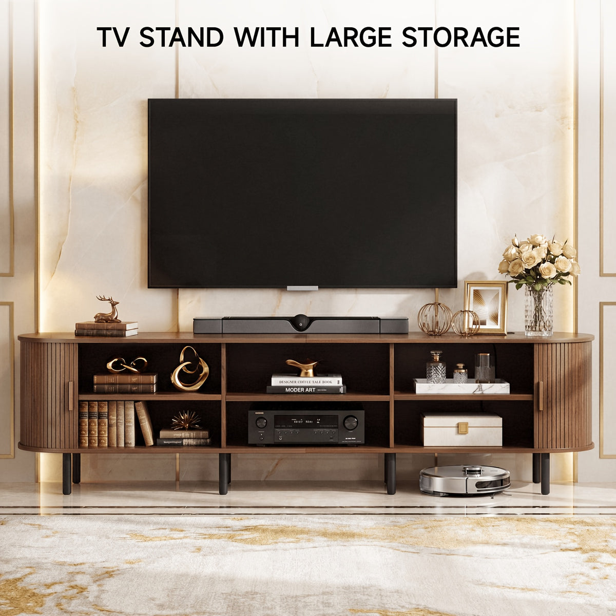 87.5 Inch Large TV Stand with Power Outlet, Modern Entertainment Center with Sliding Doors & Adjustable Shelves for TVs Up to 90", Classic Brown