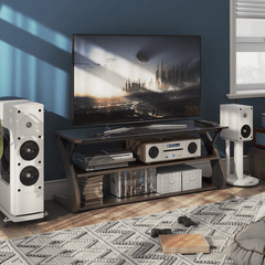 3-Tier Media Console TV Stand with Tempered Glass Top, Stable and Modern Design. Ideal for Living Room, Bedroom, Media Room, Home Theater, Apartment, Lounge and Entertainment Areas.