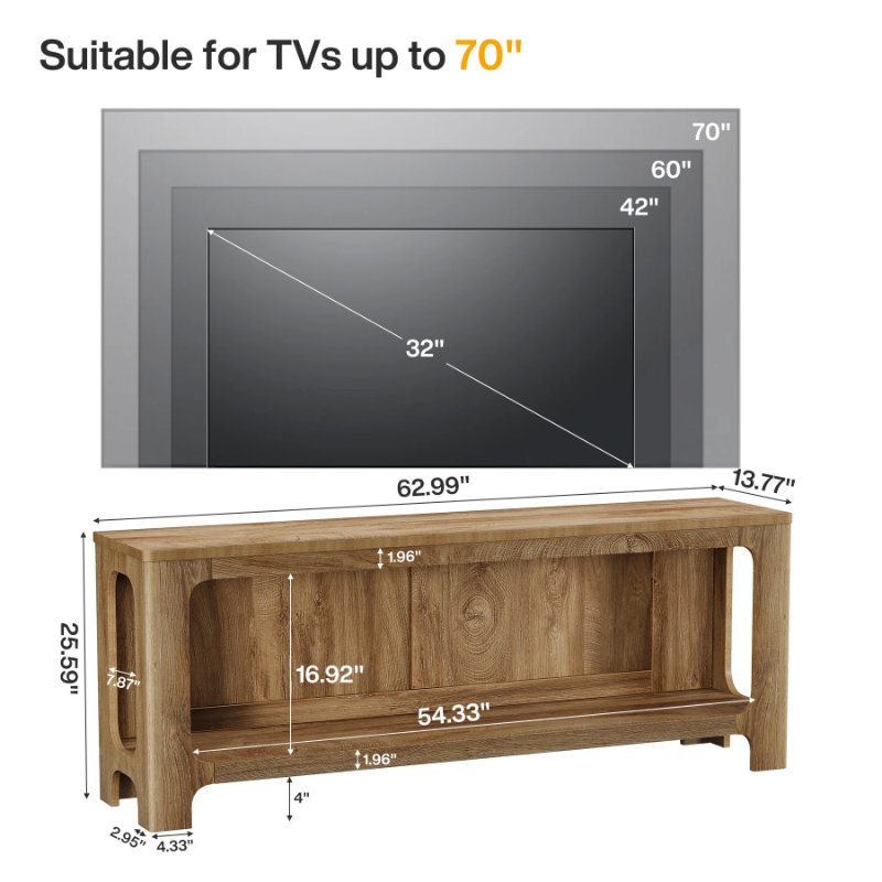 63' TV Stand with Storage Shelf for Up to 70' Tvs, Farmhouse Entertainment Center for Living Room