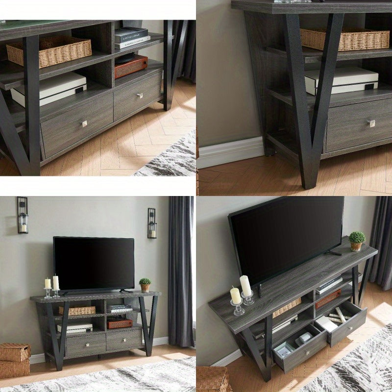 Tall TV Stand Cabinet with Two Drawers on Metal Glides Metal Square Knob Handles And Two Divided Shelf Tiers