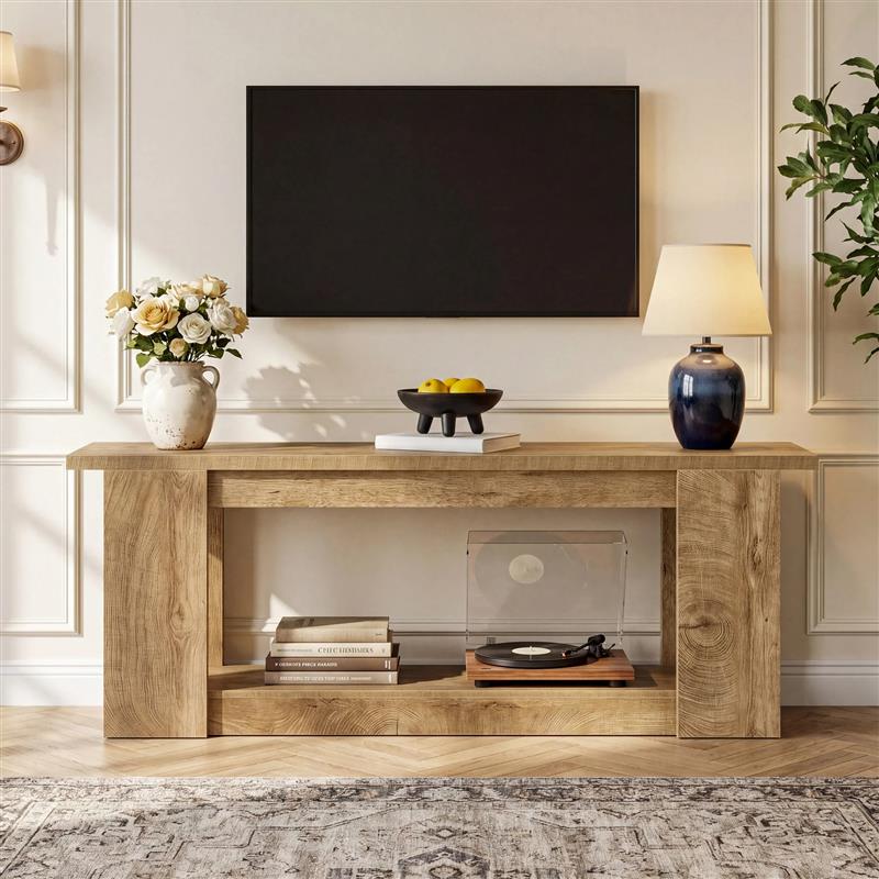 63-Inch Farmhouse TV Stand for TVs up to 70 Inches, Rustic Media Console with 2-Tier Open Storage