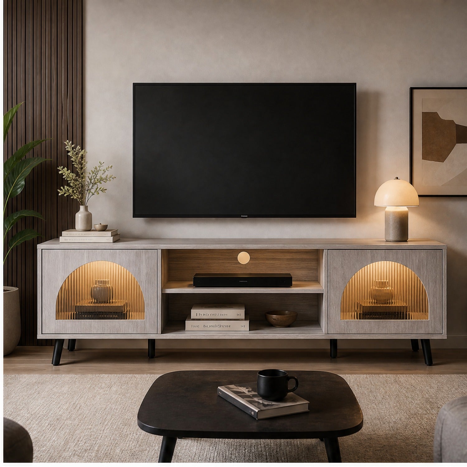 Modern White TV Stand with LED Ambient Light, Arched Fluted Glass Doors, Media Console with Open Shelves And Cable Management Hole, 330Lbs Capacity Fits 70 Inch TV for Living Room Bedroom