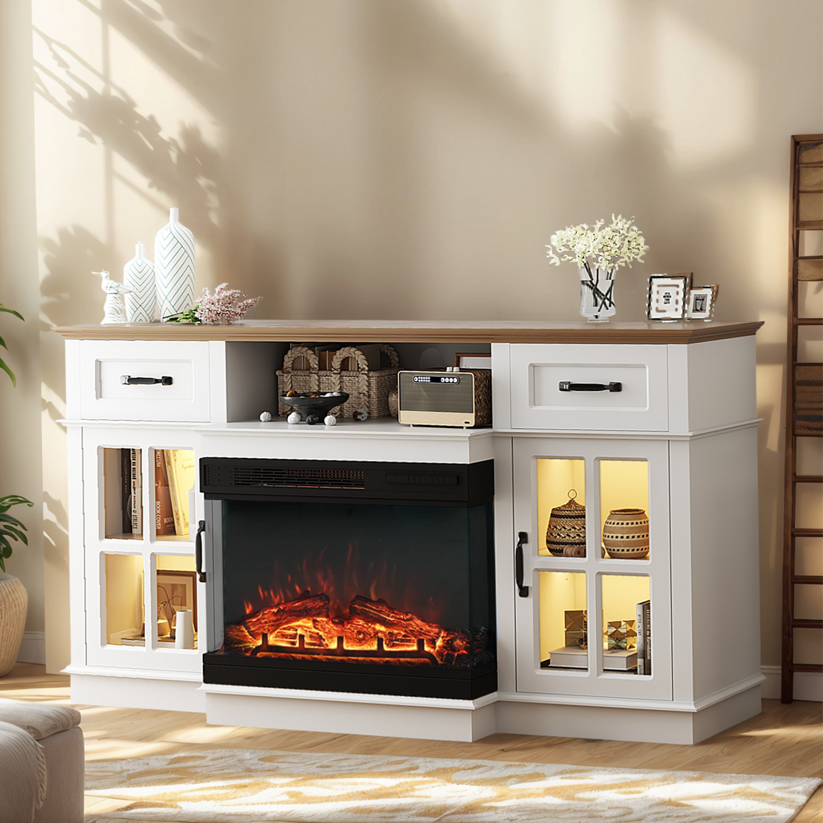 58 Inch Black Gold Oak Fireplace TV Stand with 25 Inch Insert, 2 Doors 2 Drawers & Glass Shelves, Media Console 147.4 x 45 x 80 cm