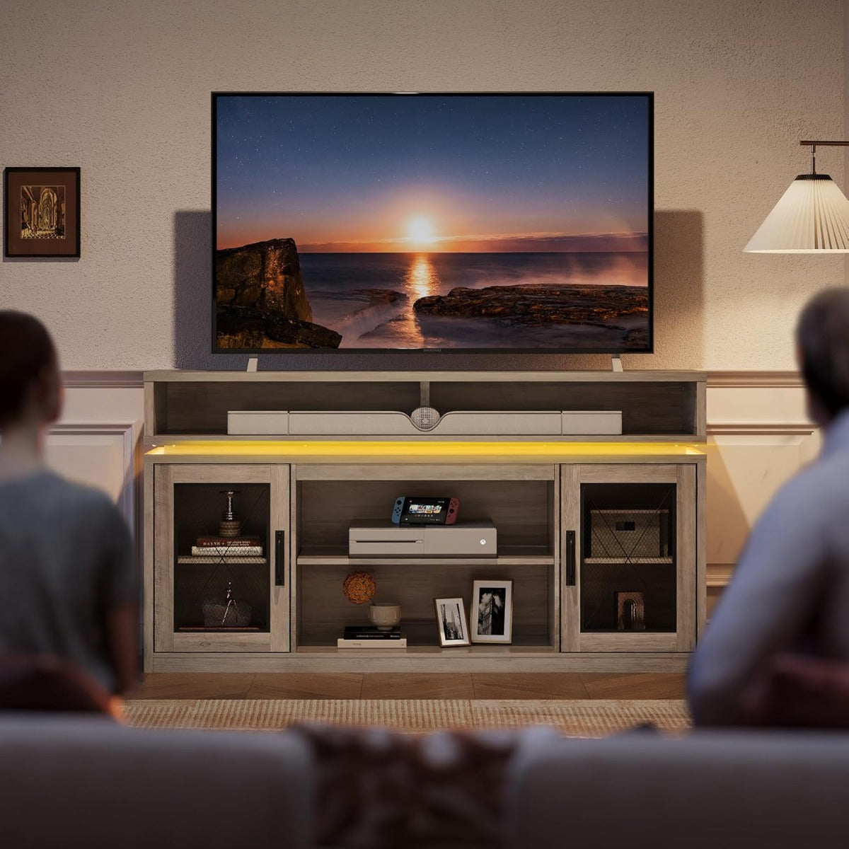 Farmhouse TV Stand for TVs Up to 65 Inches, Tall Entertainment Center with Storage Cabinets & LED Lights, Media Console for Living Room, Bedroom, Home Theater