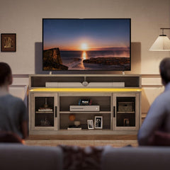 Farmhouse TV Stand for TVs Up to 65 Inches, Tall Entertainment Center with Storage Cabinets & LED Lights, Media Console for Living Room, Bedroom, Home Theater