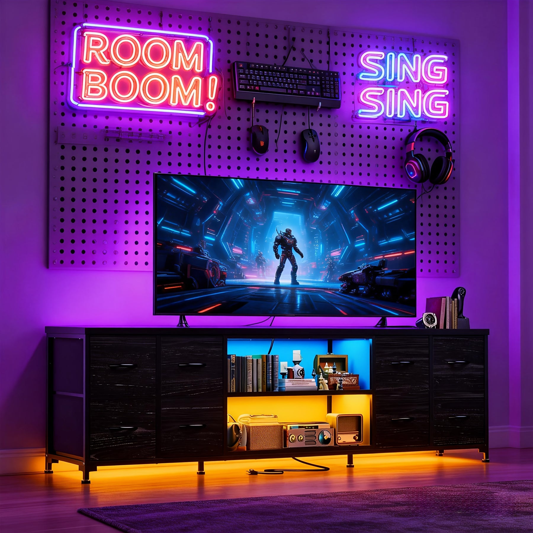 TV Stand for 65 75 Inch with Lights & Power Outlets, TV Stands for Bedroom with 8 Fabric Dresser&Chest of Drawers, TV Stand with Storage As Entertainment Center for Living Room, Dorm