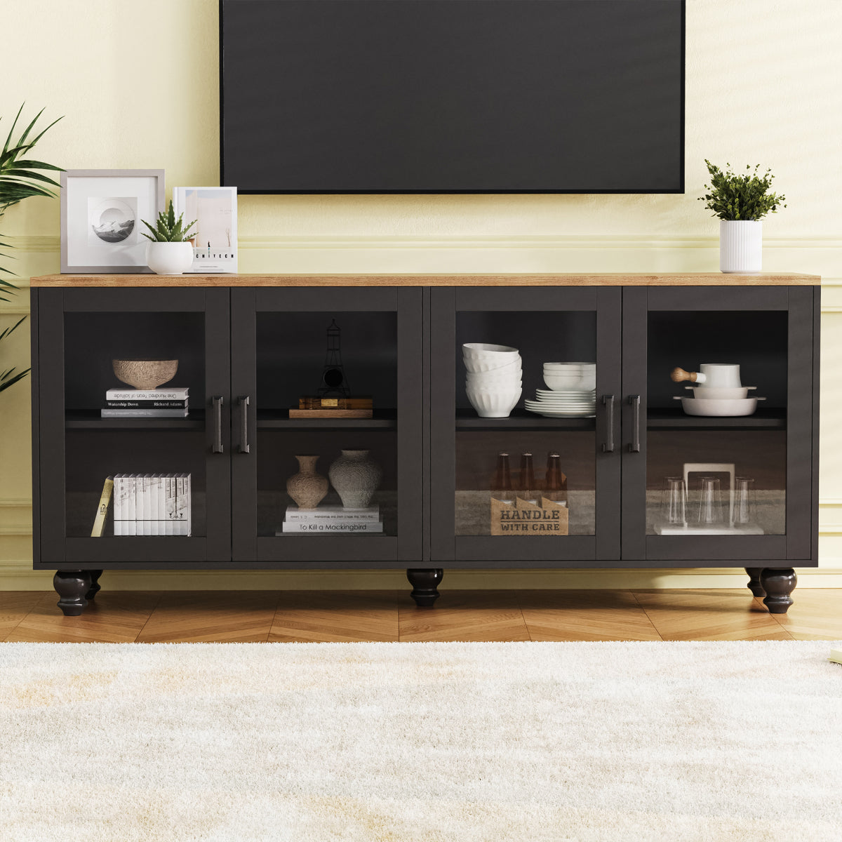 ON-TREND Farmhouse TV Stand Featuring Tempered Glass Doors Suitable for Tvs Up to 70 Inches, a Multifunctional Sideboard with Adjustable Shelves, And a Stylish Buffet Cabinet Supported by 5 Sturdy Wood Legs Shaped Like Gourds