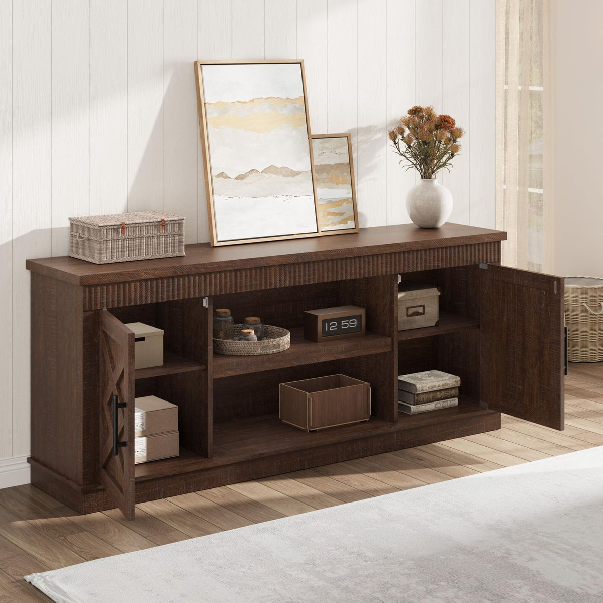 Farmhouse TV Stand for 65-70 Inch TVs | 65-Inch Long Entertainment Center with 2 Doors & Open Storage Shelf, Rustic Fluted Hardwood Television Console, GAOMON Brand for Living Room, Bedroom