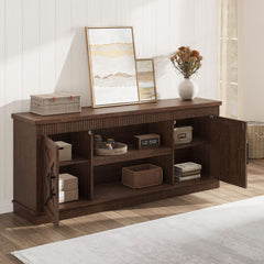 Farmhouse TV Stand for 65-70 Inch TVs | 65-Inch Long Entertainment Center with 2 Doors & Open Storage Shelf, Rustic Fluted Hardwood Television Console, GAOMON Brand for Living Room, Bedroom