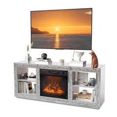 Silver Mirror Modern TV Stand with 18 Inch Fireplace Insert & Storage Shelves, Medium Density Fiberboard Fireplace TV Console for Living Room, 143 x 35 x 62 cm