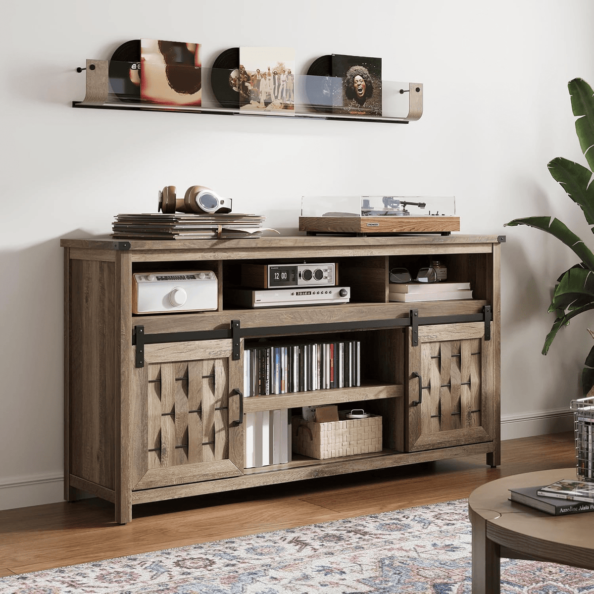 Farmhouse Highboy TV Stand for 70" TV, Tall Entertainment Center with Sliding Barn Door, Rustic Media Console with Storage Shelves, Wood TV Stand for Living Room, Light Brown-Christmas Gifts,Black Fridays items,Christmas Home Decor,Christmas Decorations