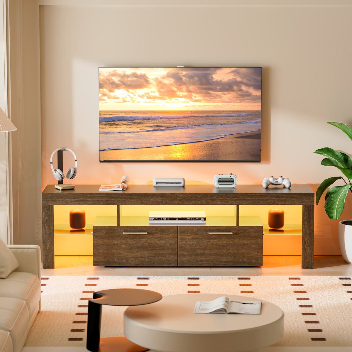 Rustic Brown Wood TV Stand for 75-Inch TV, Farmhouse Entertainment Center with Large Drawers And Open Shelves, Modern Industrial Media TV Console Cabinet for Living Room Bedroom