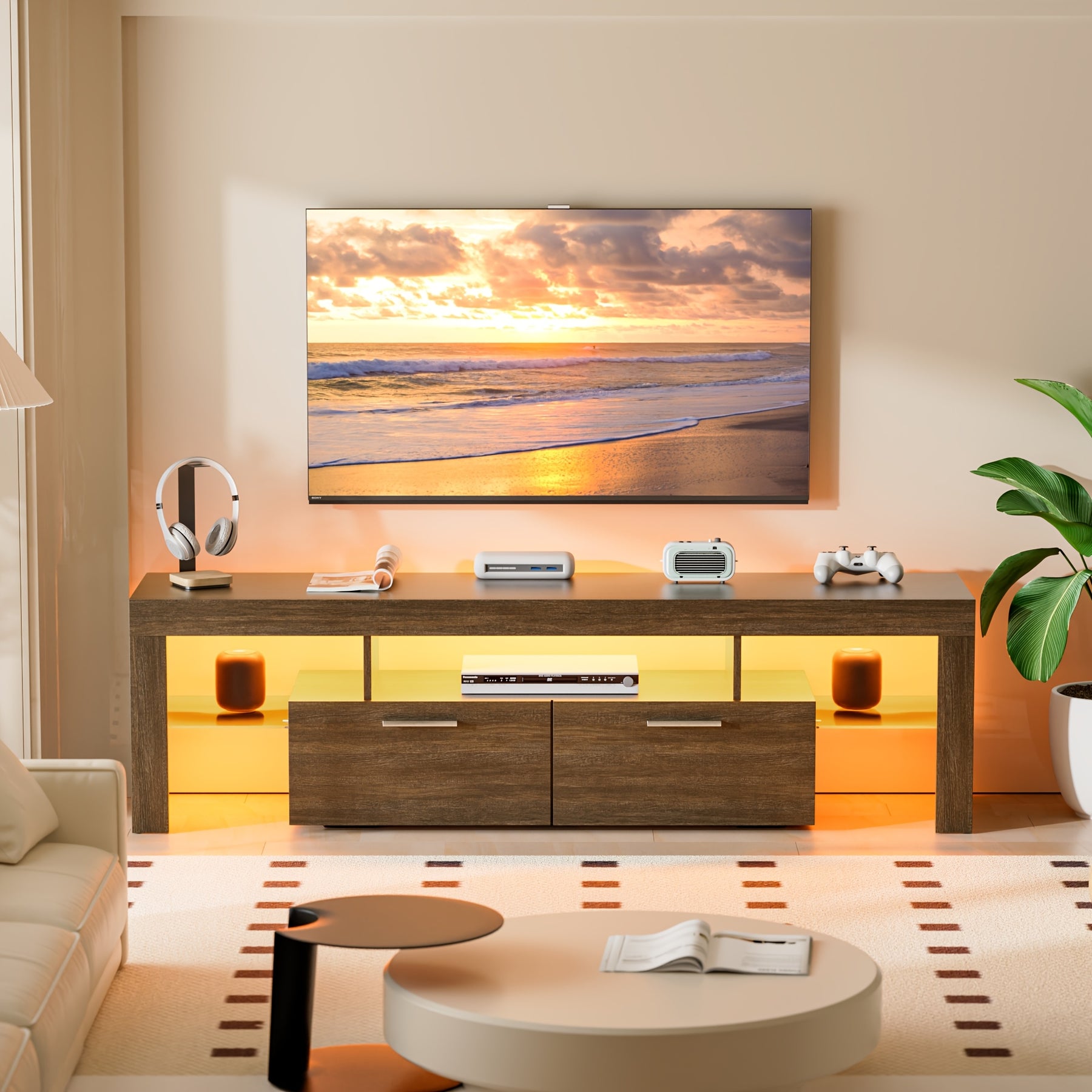 Rustic Brown Wood TV Stand for 75-Inch TV, Farmhouse Entertainment Center with Large Drawers And Open Shelves, Modern Industrial Media TV Console Cabinet for Living Room Bedroom