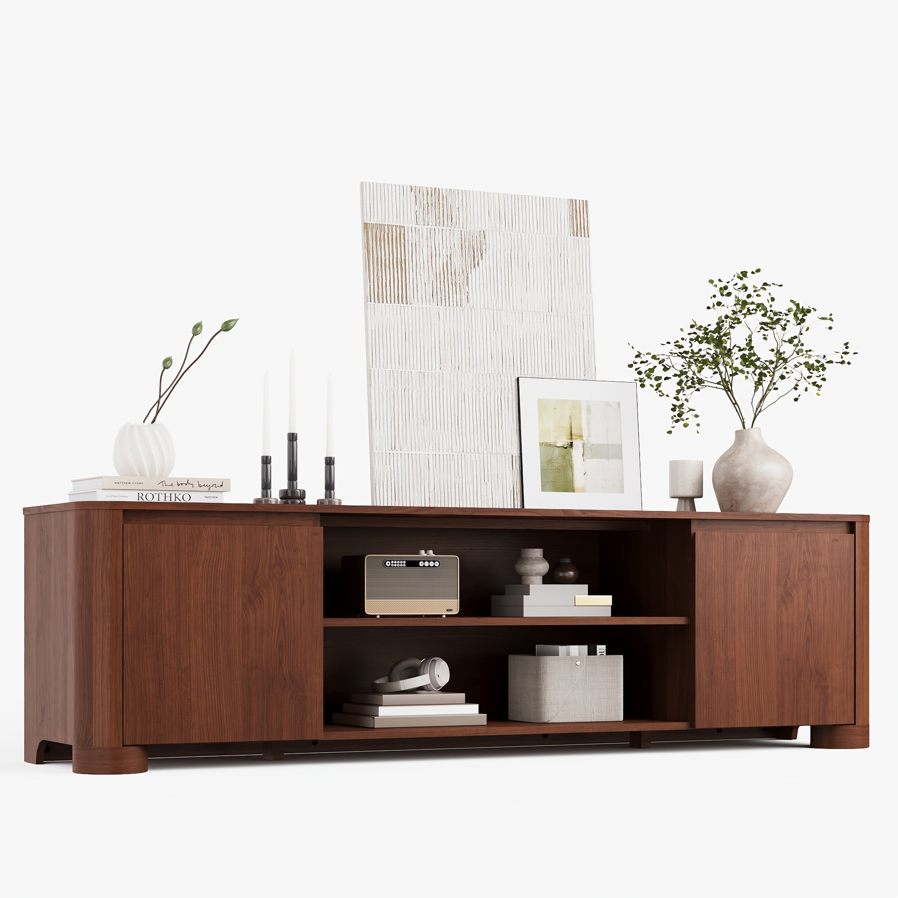 Modern 70" TV Stand for TVs Up to 80, Wooden Entertainment Center with Rounded Corners Design and Thickened Base for Living Room, Hallway