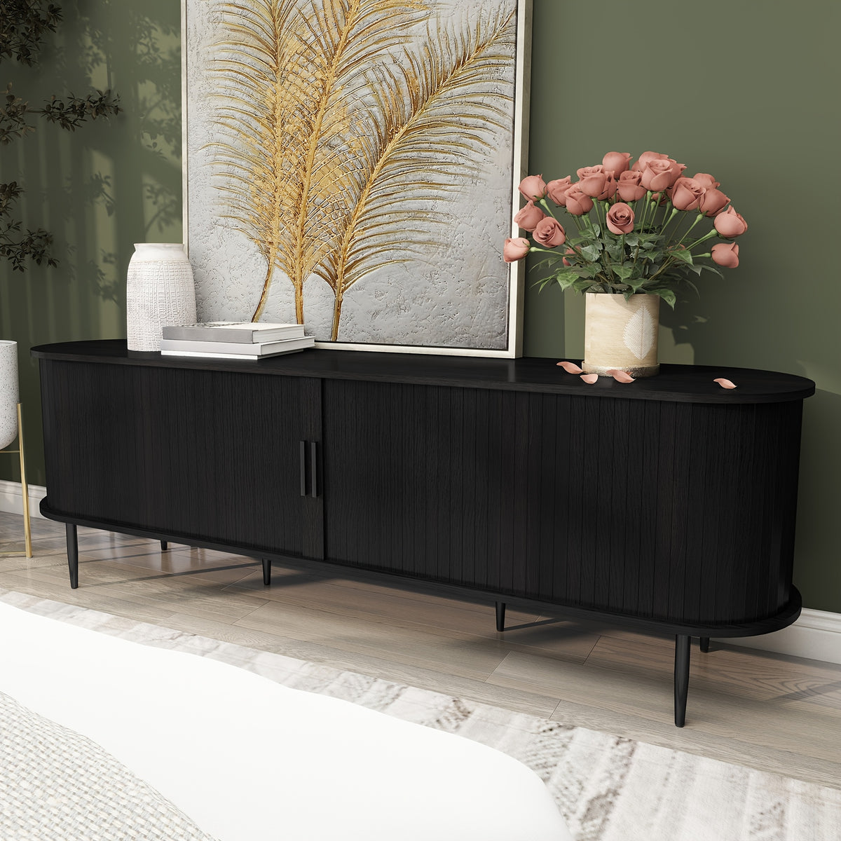 70" Modern TV Stand with Tambour Door for Tvs Up to 80", Entertainment Center with Storage, Fluted Television Consoles for Living Room