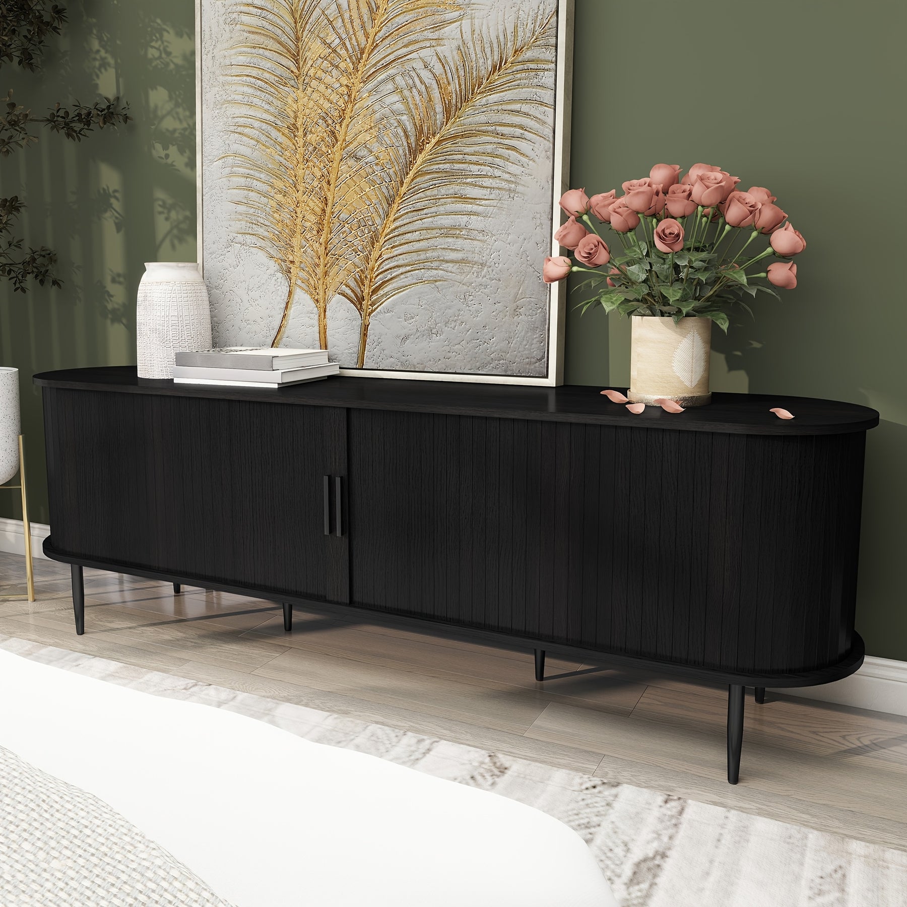 70" Modern TV Stand with Tambour Door for Tvs Up to 80", Entertainment Center with Storage, Fluted Television Consoles for Living Room