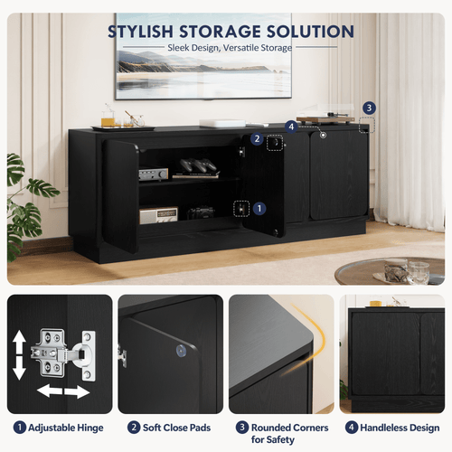 Black 63 Inch TV Stand with 4 Storage Doors, Wood Particle Board Media Console Cabinet with Cable Holes, Low Profile, Modern TV Cabinet for Living Room