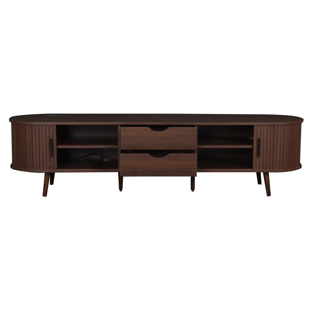 70 Inch Mid Century Modern TV Stand, TV Stand for 80 Inch TV, TV Stand with Tambour Doors, Drawers and Power Outlet, TV Consoles for Living Room, Bedroom