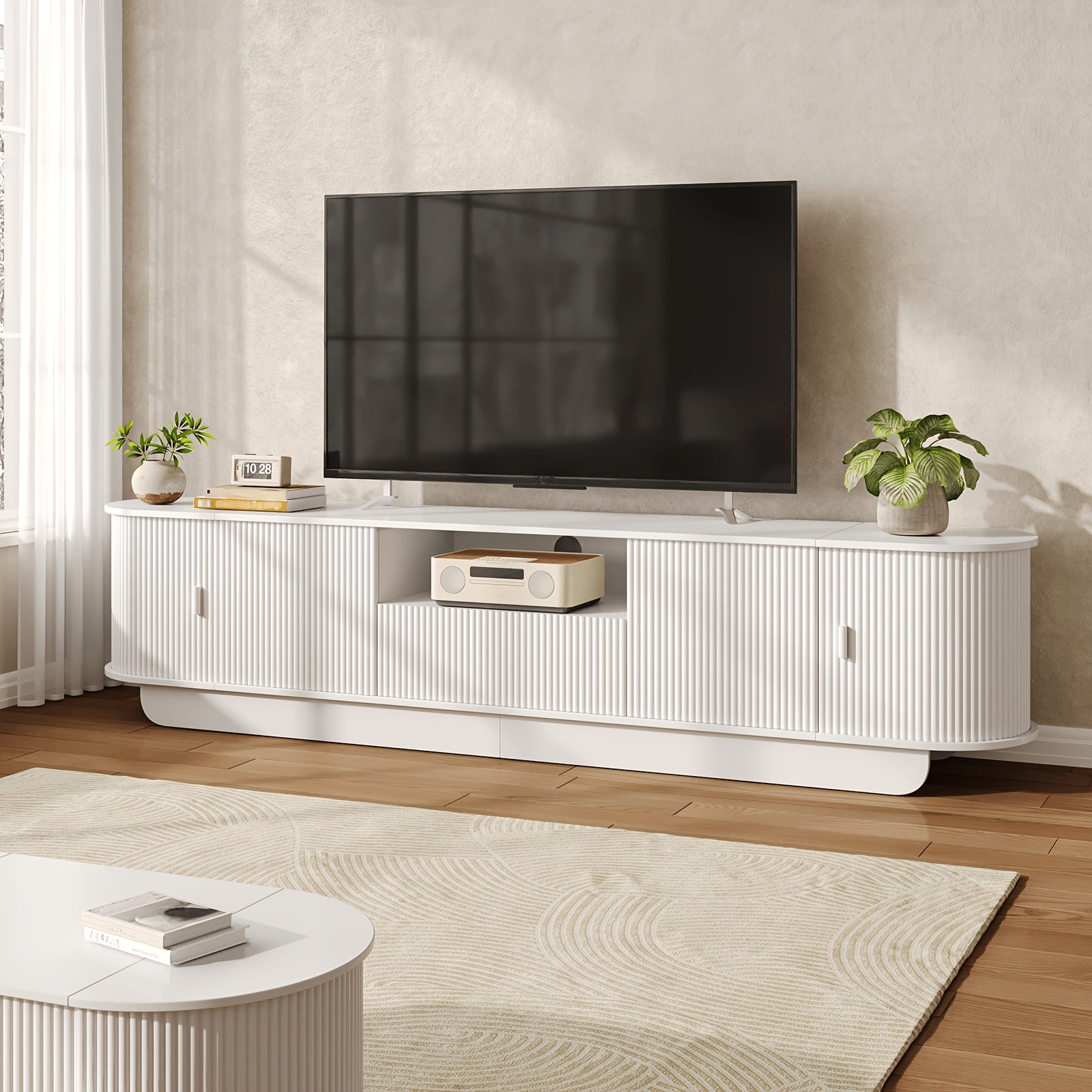 86.6" Curved TV Stand for 65/75/85 Inch Tvs, Media Console with Sliding Doors, Entertainment Center with Storage And Drawers, Mid-Century Modern TV Consoles for Living Room, Bedroom, White, Natural, Gray, Walnut