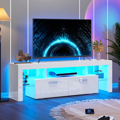 71" High Gloss White TV Stand with LED Lights for 55/65/75/80 Inch TVs, Gaming Entertainment Center with Cabinet for PS5, Modern Media Console Table with Glass Shelves for Living Room, Game Room, Bedroom