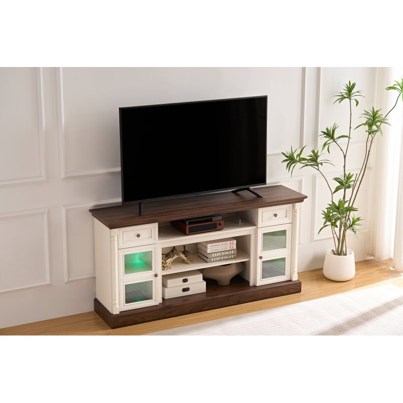 Modern Farmhouse TV Stand with Roman Column Fireplace & LED - Suitable for up to 80-inch TVs, 70-inch Tall Media Console, Non-Wood, Assembly Living Room Entertainment Center for TVs