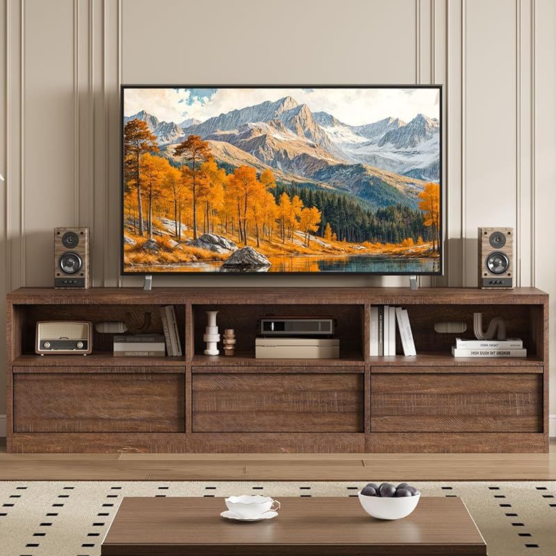 Floor Standing TV Stand for 75" TV, Mid-Century Modern Entertainment Center with 3 Drawers and Open Shelves, 70" Media Console for Living Room, Vintage/ Black/ White