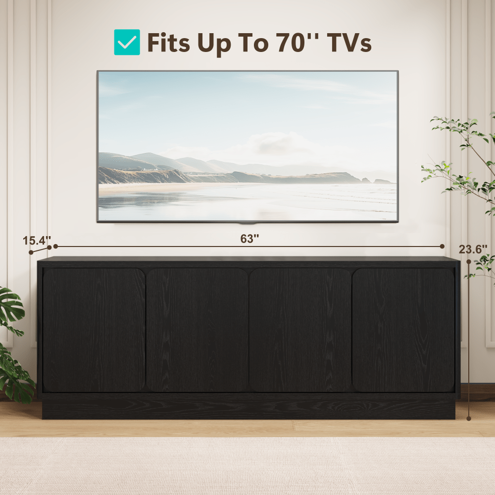 Black 63 Inch TV Stand with 4 Storage Doors, Wood Particle Board Media Console Cabinet with Cable Holes, Low Profile, Modern TV Cabinet for Living Room
