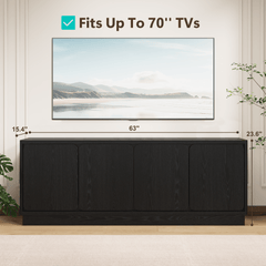 Black 63 Inch TV Stand with 4 Storage Doors, Wood Particle Board Media Console Cabinet with Cable Holes, Low Profile, Modern TV Cabinet for Living Room