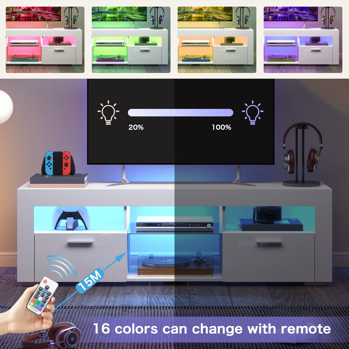 White TV Stand for 50/55 Inch TV, 56" Entertainment Center with LED Lights, Modern TV Stands for Bedroom, TV Console Table with Storage Cabinets And Open Adjustable Shelves for Living Room Bedroom