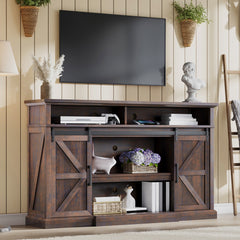 66" Farmhouse TV Stand for 75" TVs, 40" Tall Entertainment Center with Sliding Barn Doors, Rustic Media Console with Adjustable Shelves & Storage for Living Room