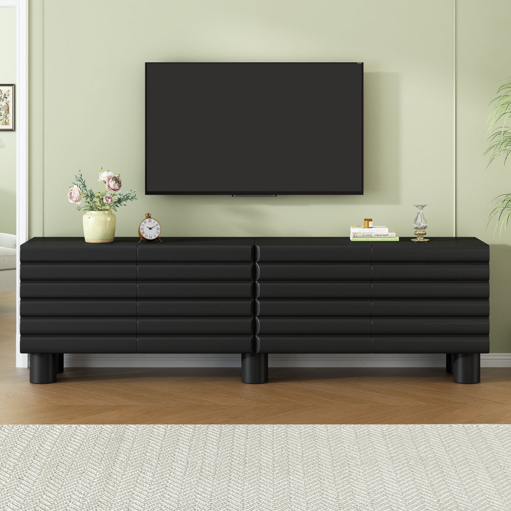 Stylish Thick Wavy Door TV Cabinet with Adjustable Shelves, Cream Style TV Stand with 4 Cabinets for Tvs Up to 75', Solid Media Console with Cylindrical Legs And Cable Holes for Living Room, Black
