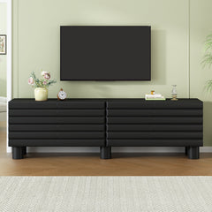 Stylish Thick Wavy Door TV Cabinet with Adjustable Shelves, Cream Style TV Stand with 4 Cabinets for Tvs Up to 75', Solid Media Console with Cylindrical Legs And Cable Holes for Living Room, Black