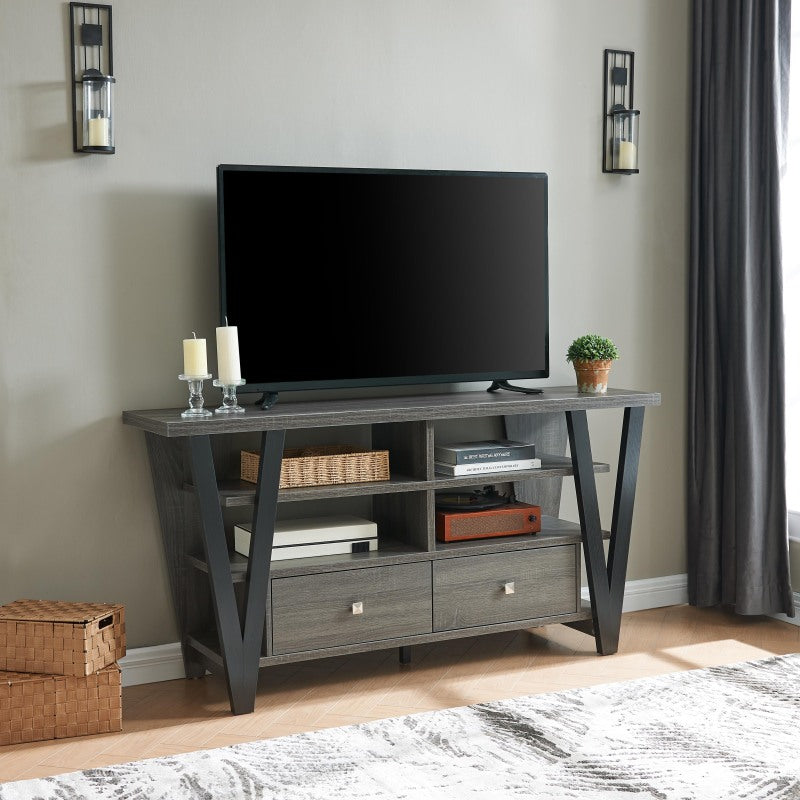 Tall TV Stand Cabinet with Two Drawers on Metal Glides, Metal Square Knob Handles, And Two Divided Shelf Tiers