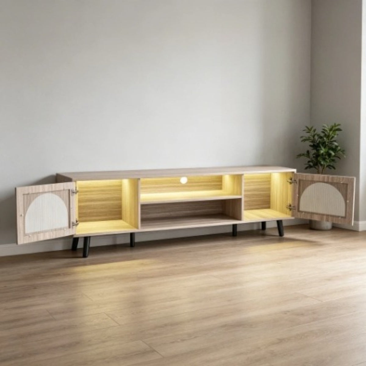TV Stand with 2 Glass Doors, White Finish, 62.99x13.78x18.5inch Long Console for Living Room & Home Theater