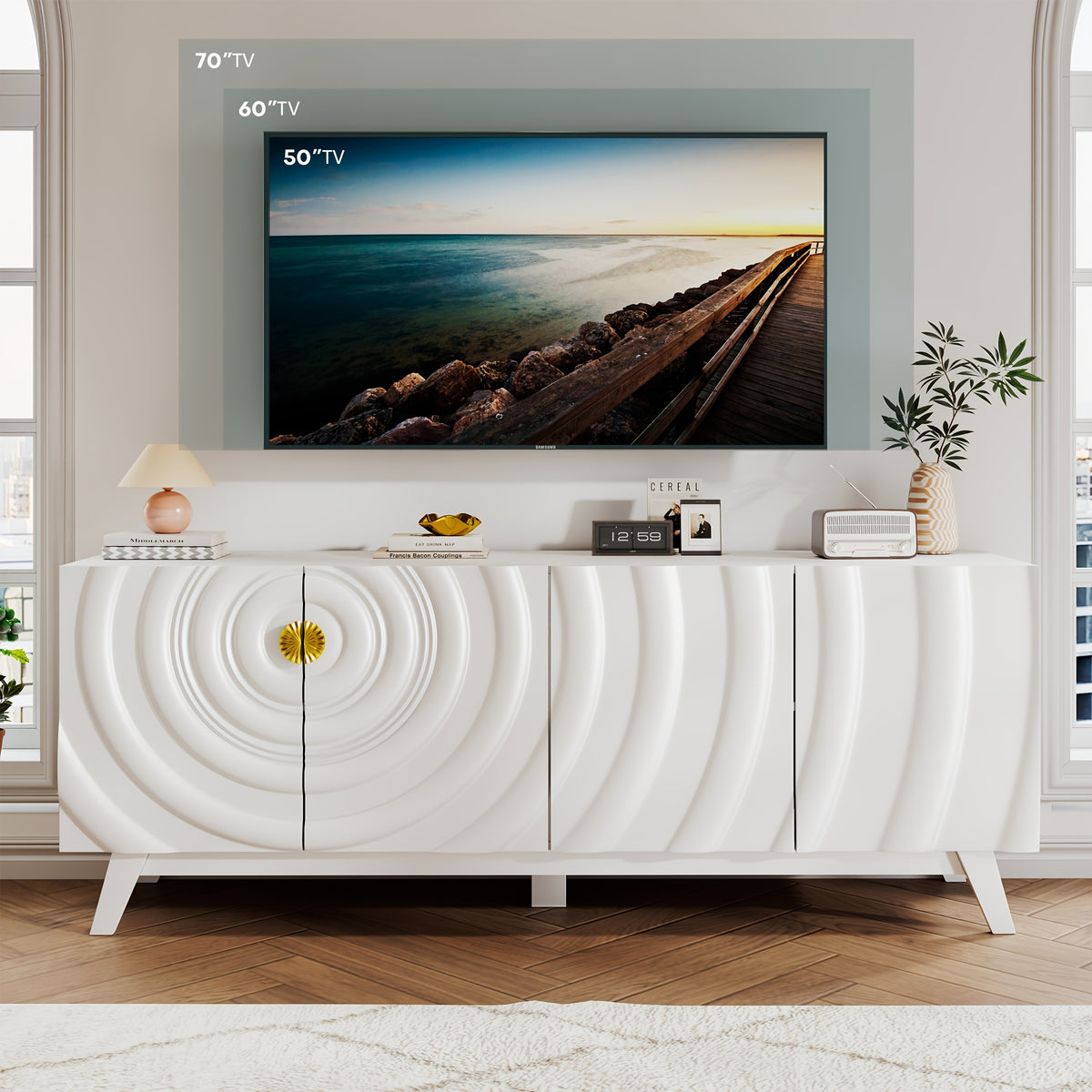 HWB Wave-Patterned TV Stand with Raised Legs, Console Table with 2 Storage Cabinets & Adjustable Shelves, Large Entertainment Center Fits 50"-70" TVs for Living Room