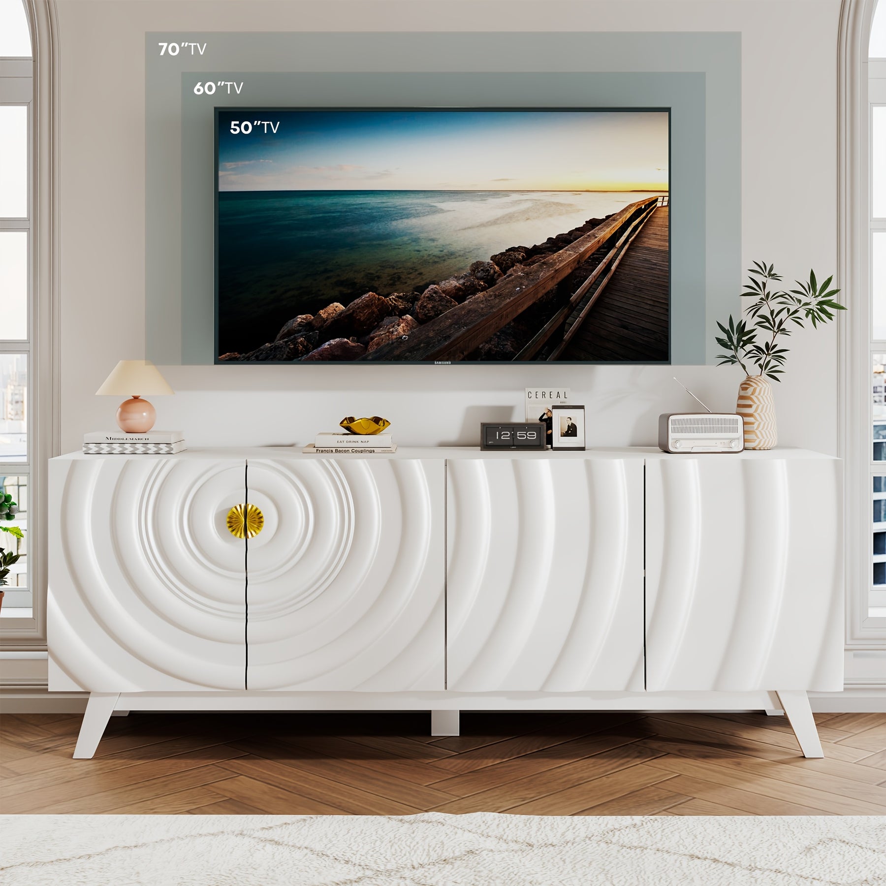 HWB Wave-Patterned TV Stand with Raised Legs, Console Table with 2 Storage Cabinets & Adjustable Shelves, Large Entertainment Center Fits 50"-70" TVs for Living Room