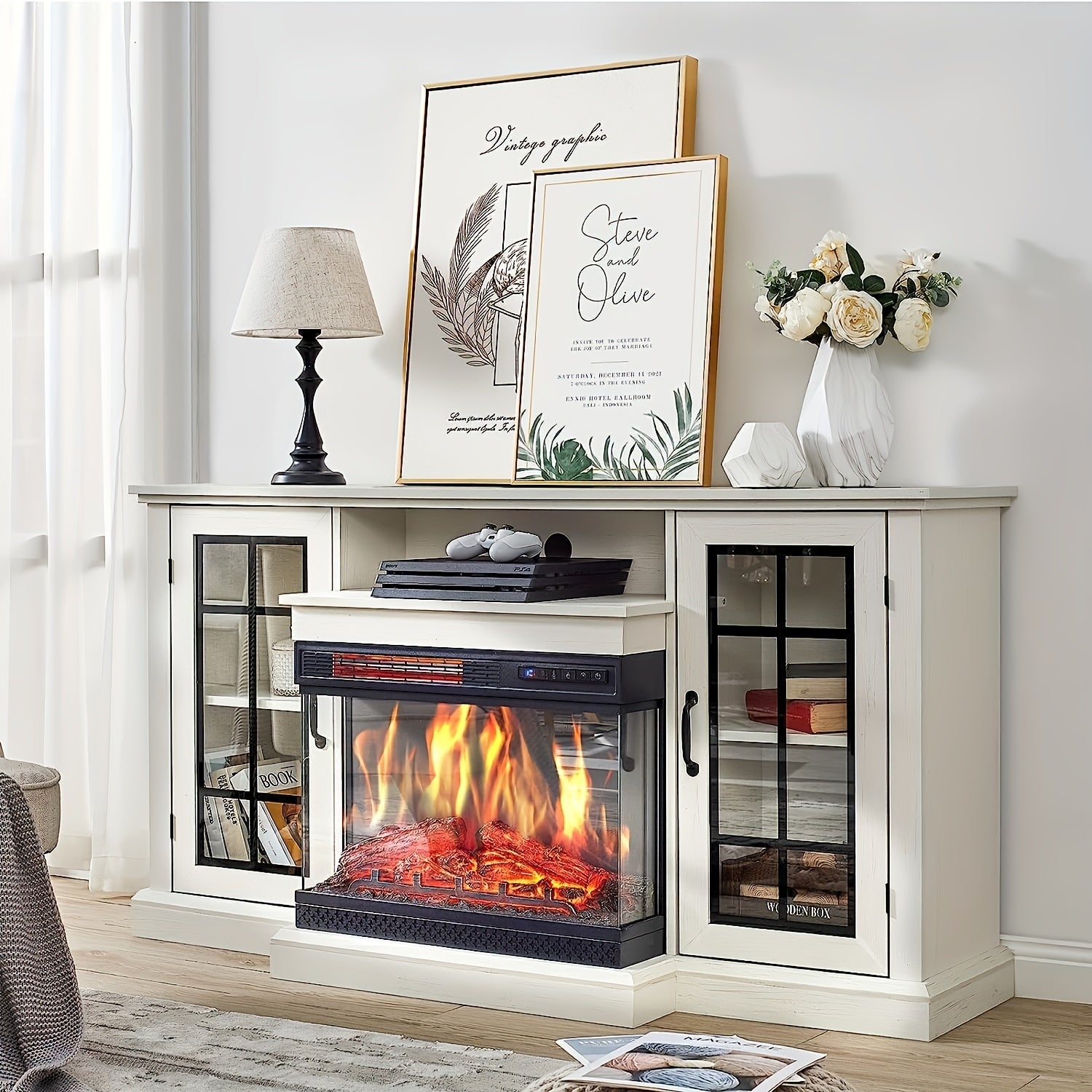 Distressed White 59-Inch Fireplace TV Stand with 3-Sided Glass, 12 Color Options, And Enclosed Storage with Doors, Fits Tvs Up to 65 Inches