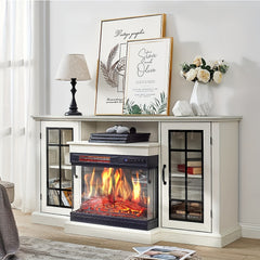 Distressed White 59-Inch Fireplace TV Stand with 3-Sided Glass, 12 Color Options, And Enclosed Storage with Doors, Fits Tvs Up to 65 Inches